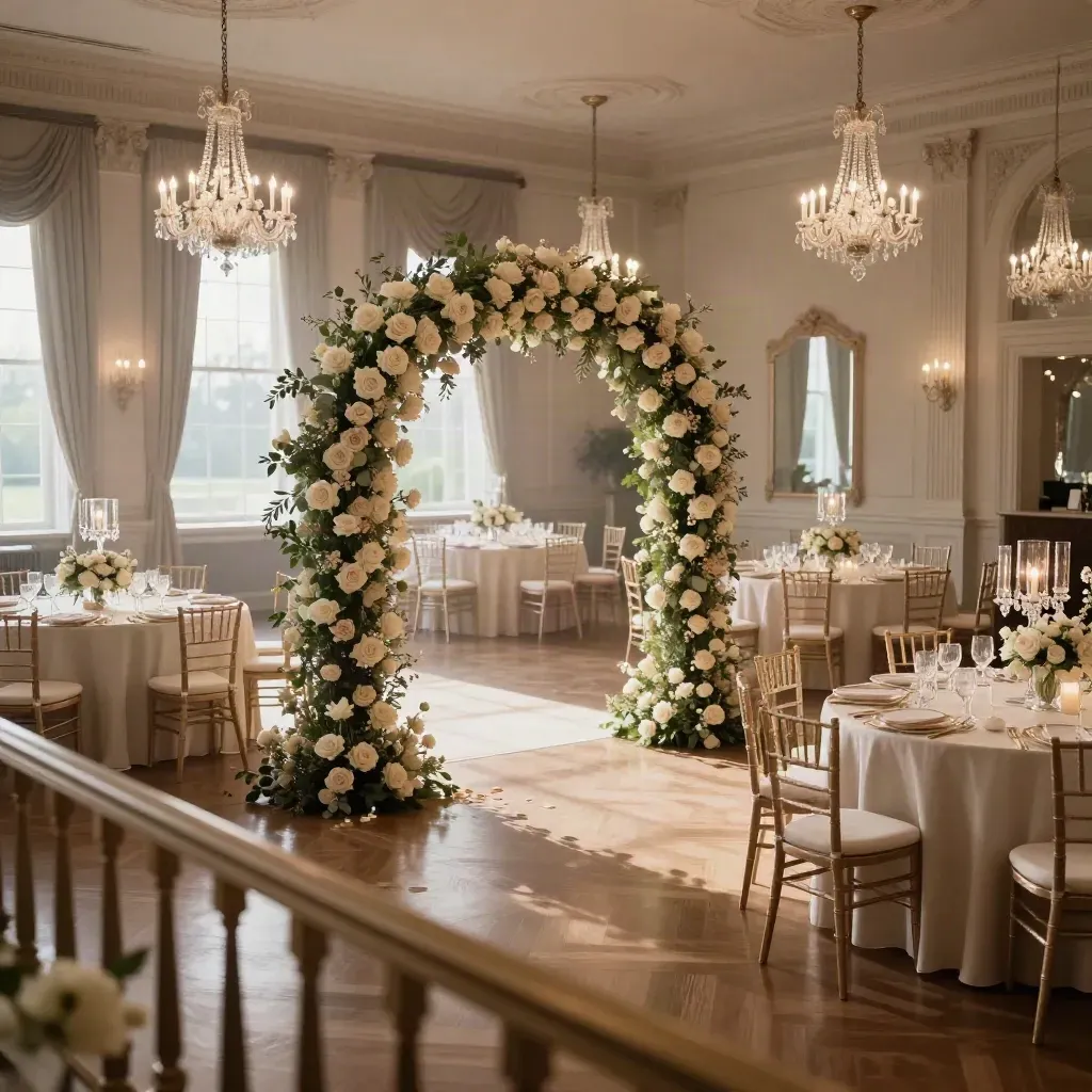 Cedar Hall ballroom dressed for a wedding with arch, flowers, and candlelit tables