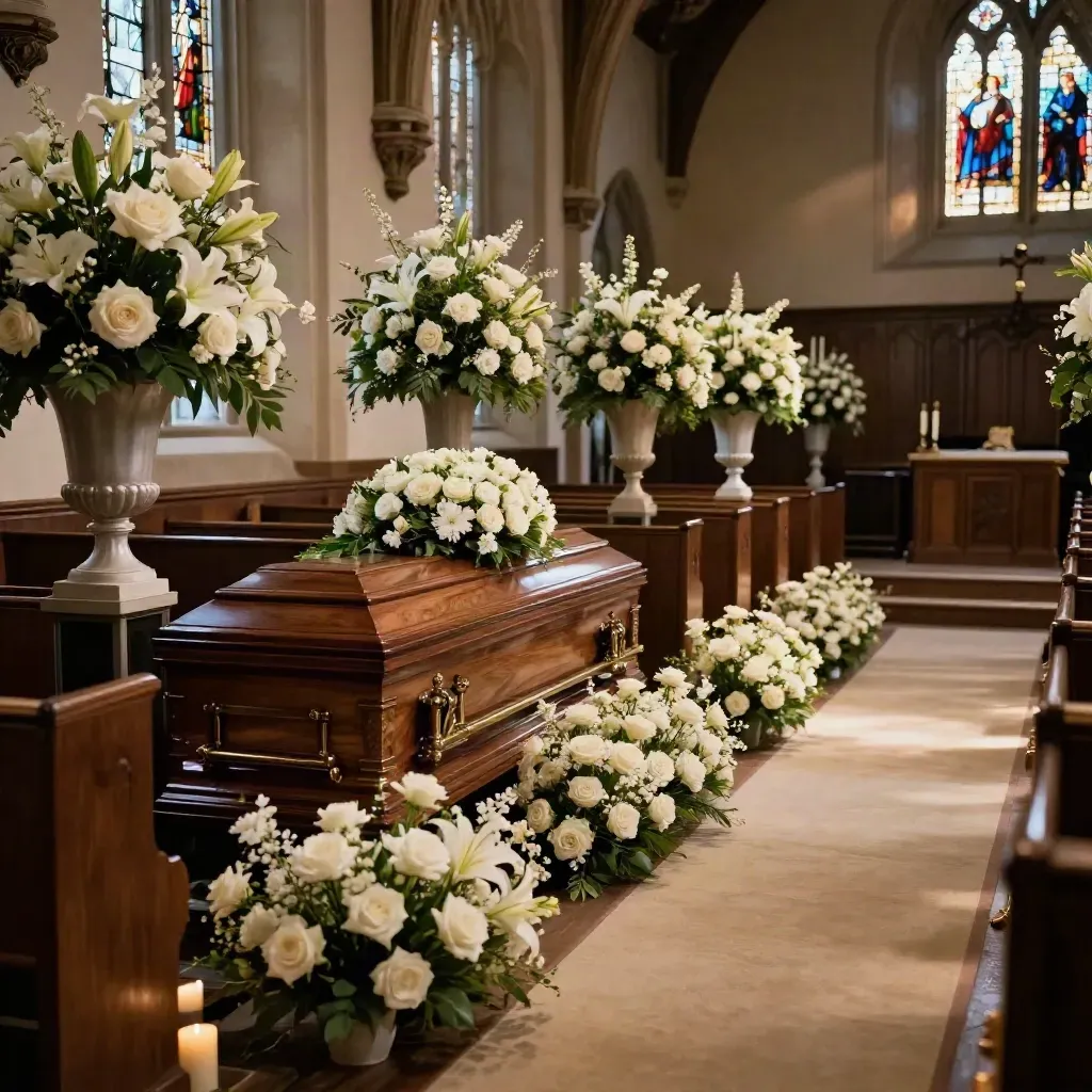 Chapel aisle with white funeral flowers and a polished oak casket in soft stained-glass light.