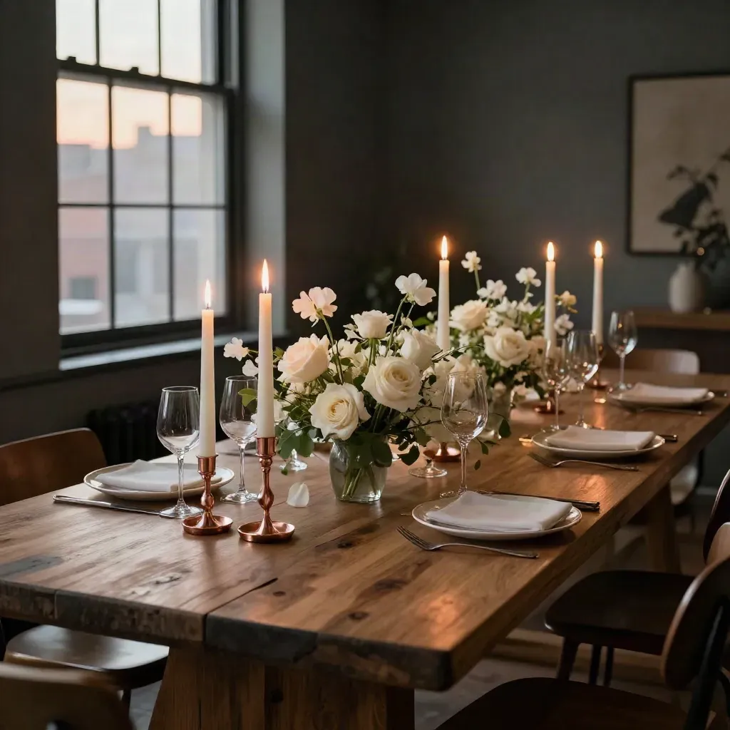 Brooklyn loft dinner table with low florals, candles, and glassware ready for a toast