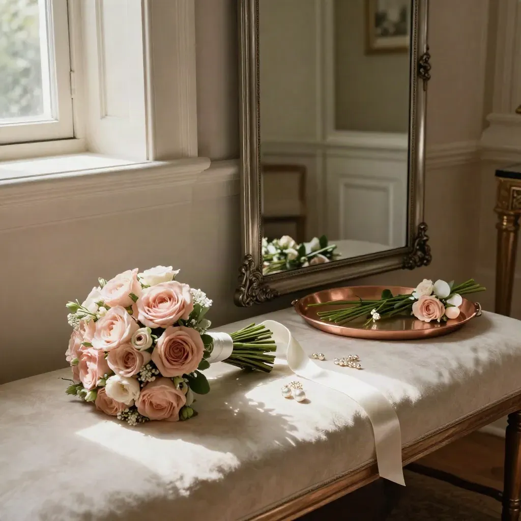 Blush bridal flowers and accessories on a satin bench beside a mirror in a rose-gold suite