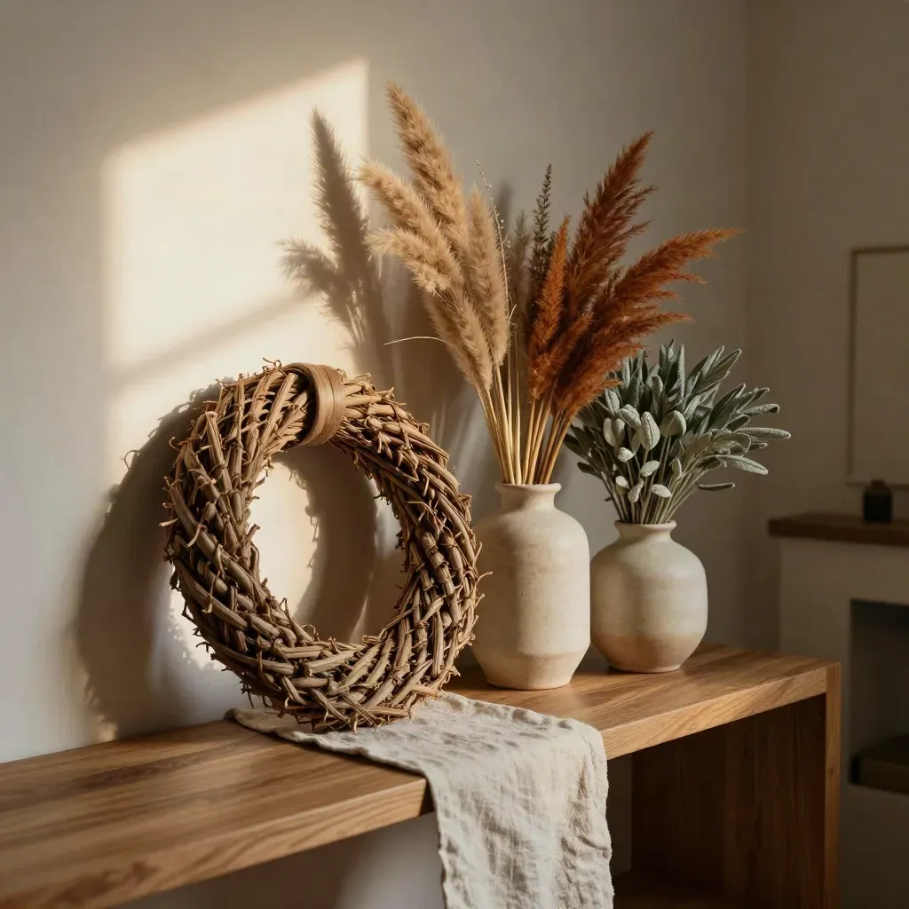 Small apartment shelf with dried stems, a wreath, and ceramic vessels in warm window light.