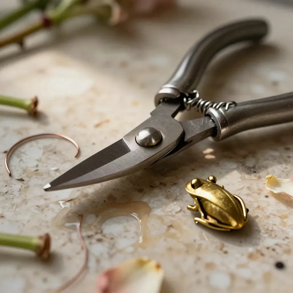 Macro still life of floral shears, binding wire, and a brass flower frog on a stained workbench.