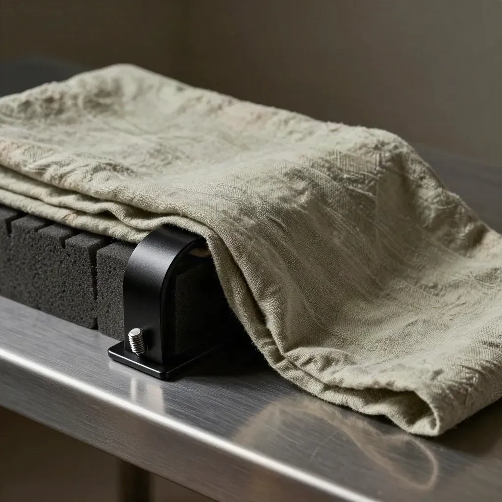 Macro still life of arch clamp, foam bricks, and linen on a metal prep table