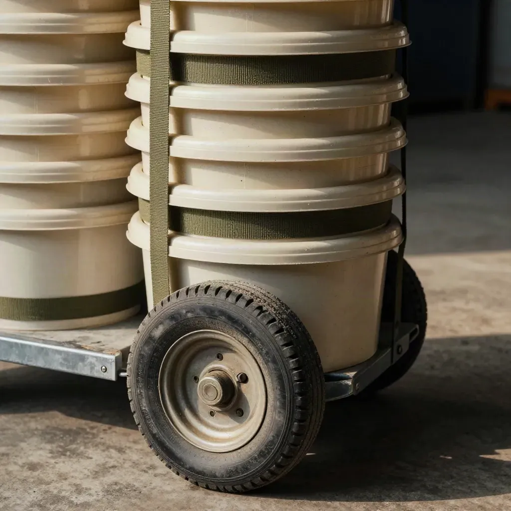 Floral delivery buckets cinched in a loading bay beside a worn hand truck wheel