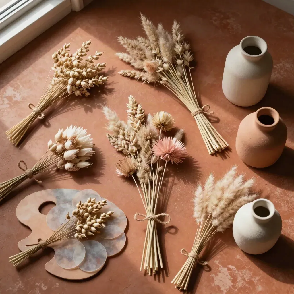 Overhead dried floral flat lay with grasses, lunaria, strawflowers, raffia, and ceramic vessels.