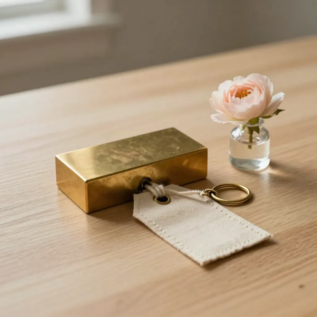 Brass date block, linen tag, key ring and bud vase on pale oak