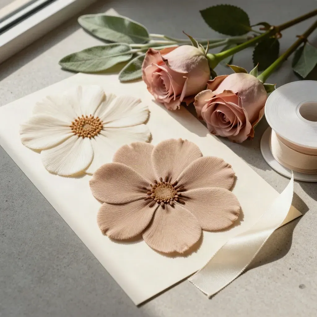 Overhead flower-plan flatlay with swatches, rose stems, sage clippings, and ribbon reels