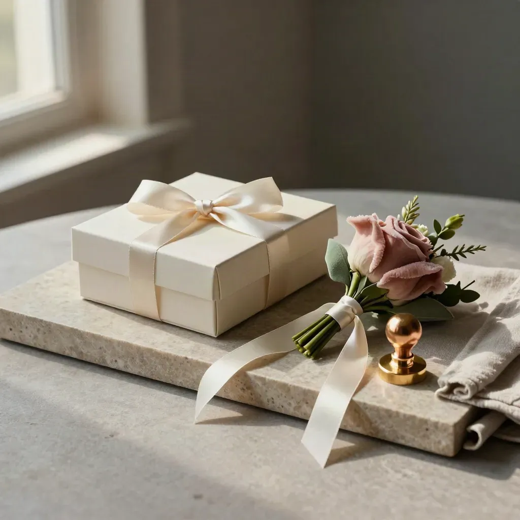 Sealed floral approval kit with boutonniere, ribbon tails, brass stamp on stone tray.