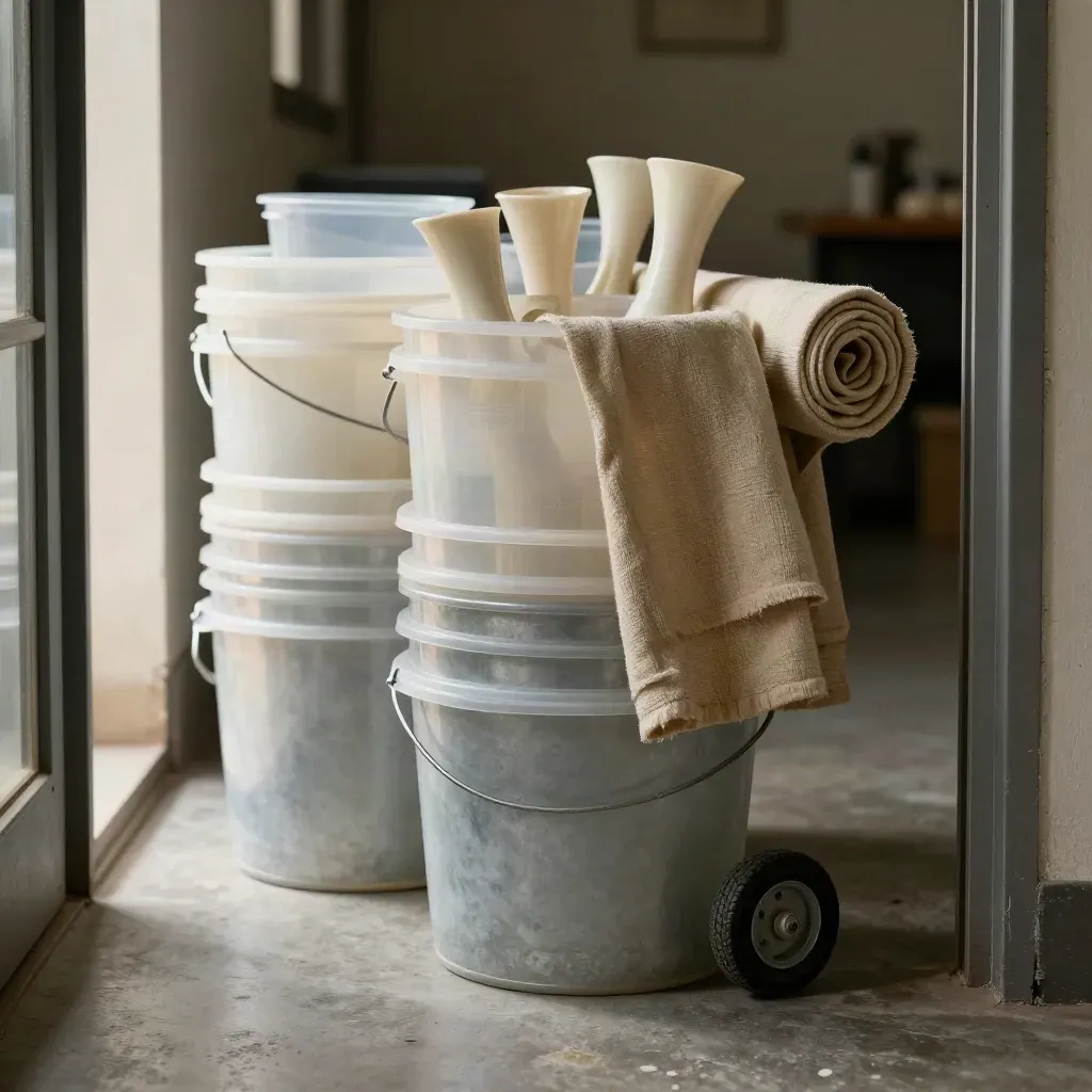 Buckets, stem sleeves, and a linen runner staged on a dolly at a floral loading bay.