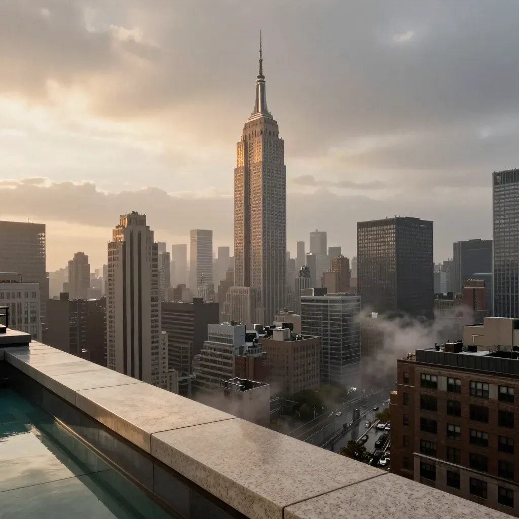 Rooftop view of Manhattan skyline with the Empire State Building glowing after rain at sunset