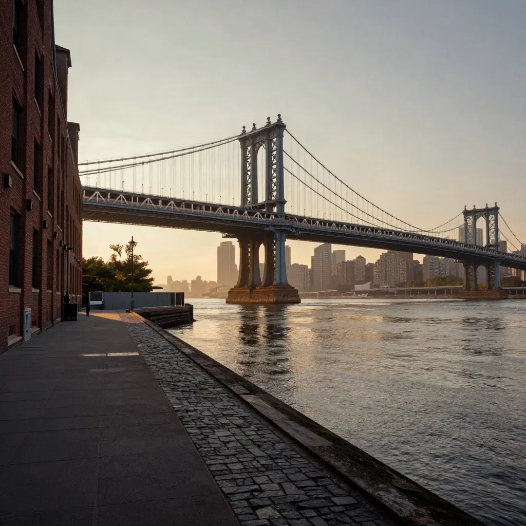 Brooklyn waterfront with Manhattan Bridge, warehouses, and river shimmer at blue hour