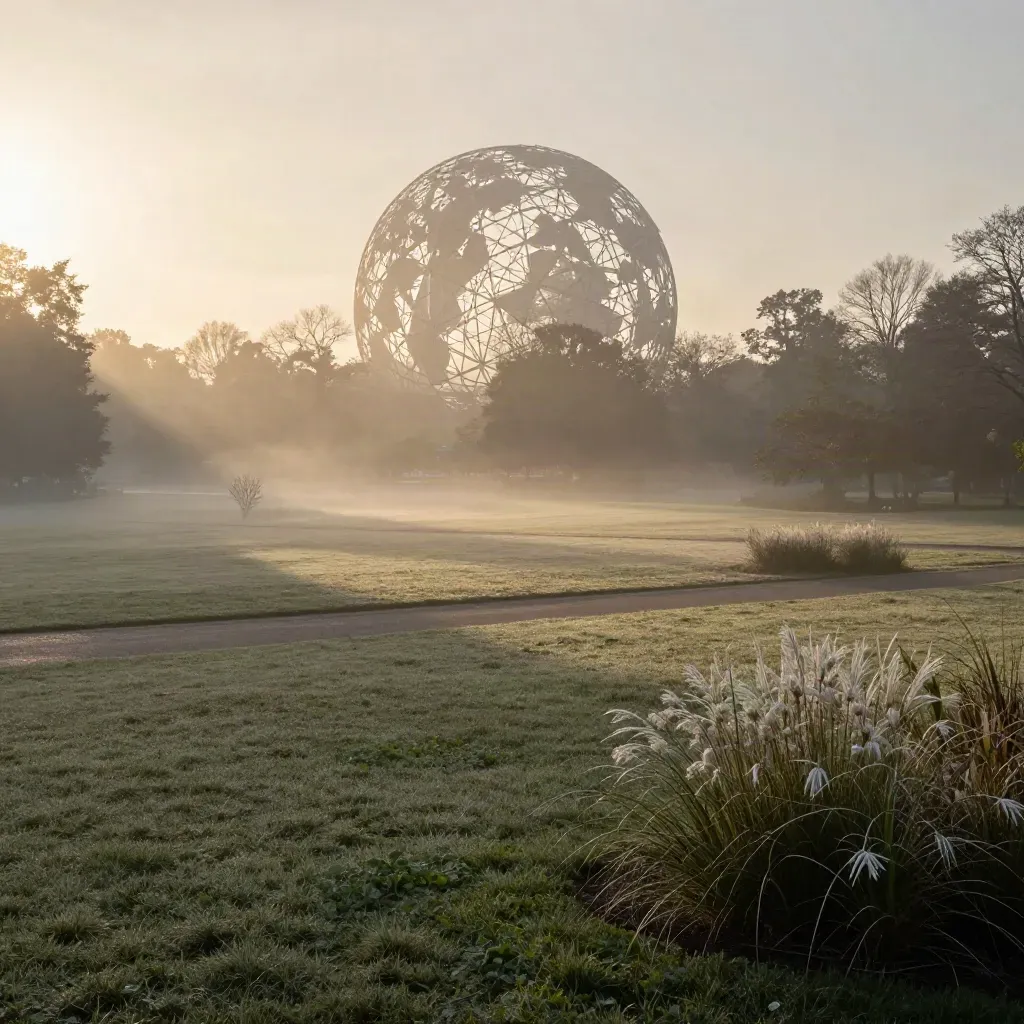 Queens Meadows at dawn with the Unisphere above misty lawns and soft sunrise haze.