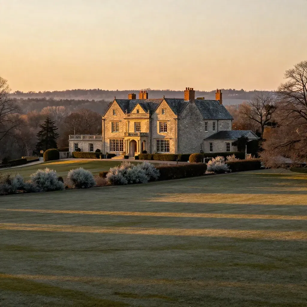 Golden Westchester manor above hazy valley and quiet meadow, with warm sunset light.