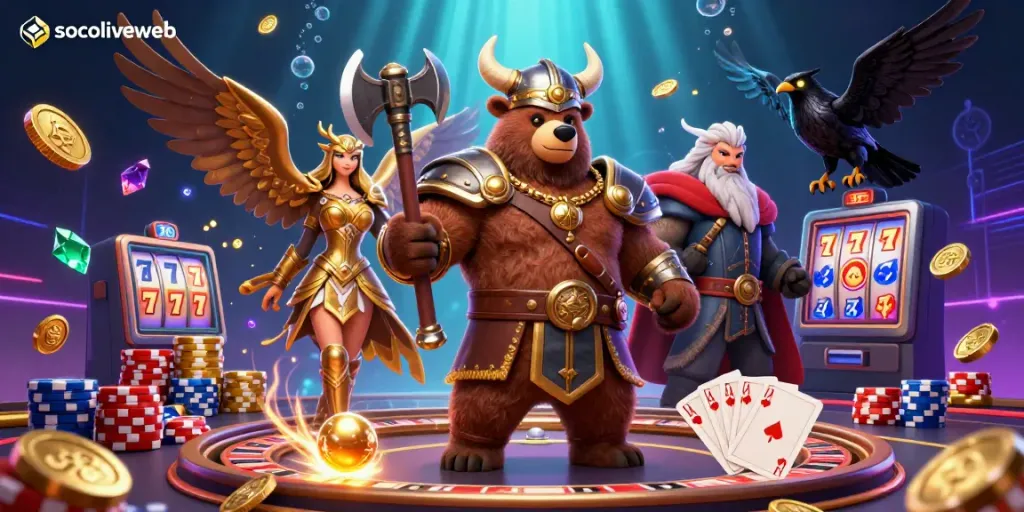 Socoliveweb showcases a thrilling Viking scene with rich casino elements, emphasizing excitement.