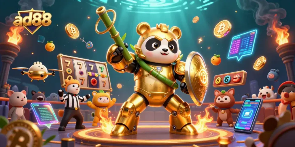 Experience the excitement of ad88, featuring a golden panda robot in a dynamic gambling scene.