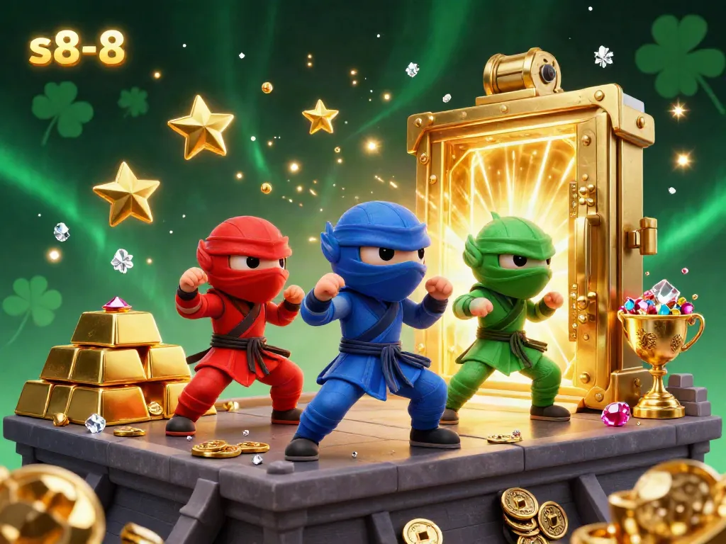 Synchronized chameleons performing martial arts alongside treasures at the s8-8 casino.