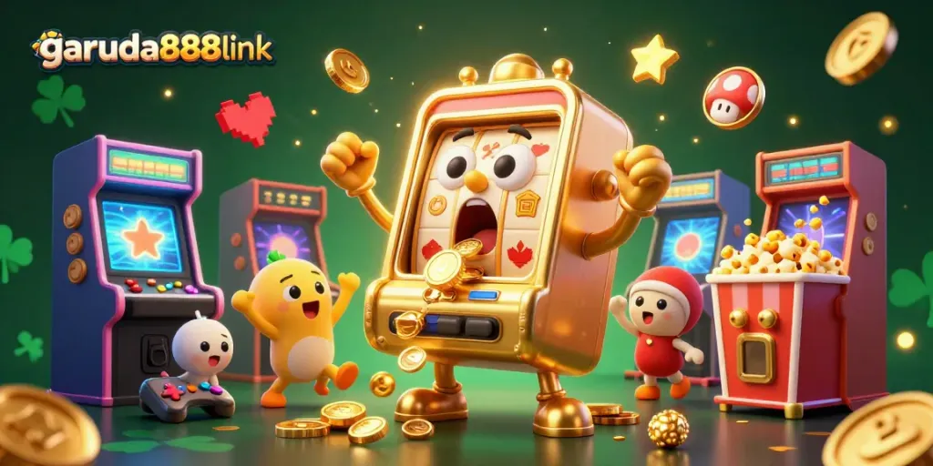 Experience the excitement of garuda888link with a golden slot machine in action and playful arcade elements.