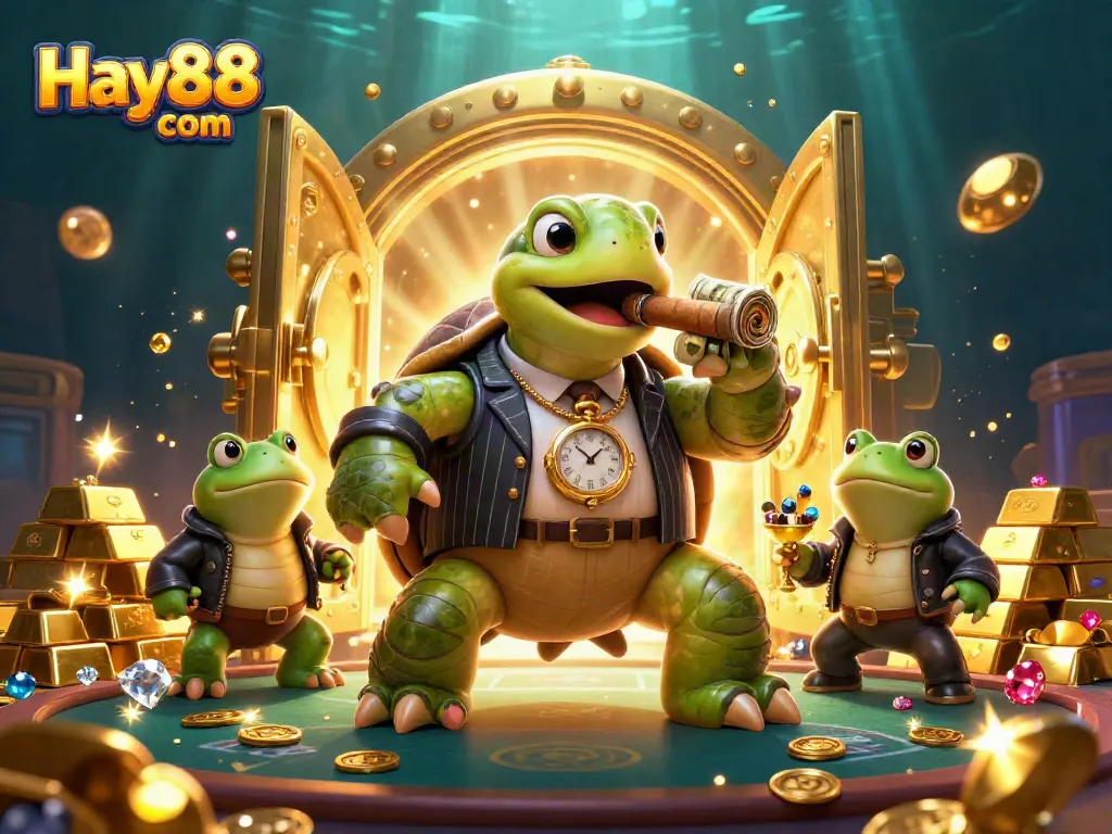 Experience the thrill of Hay88 com with a vibrant casino scene featuring a snapping turtle mobster and adventurous bullfrog enforcers.
