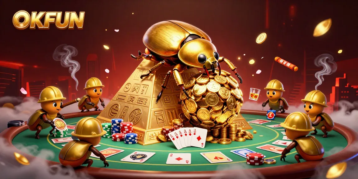 Engage with OKFUN's thrilling gaming adventure featuring golden beetles, poker elements, and vibrant casino atmosphere.