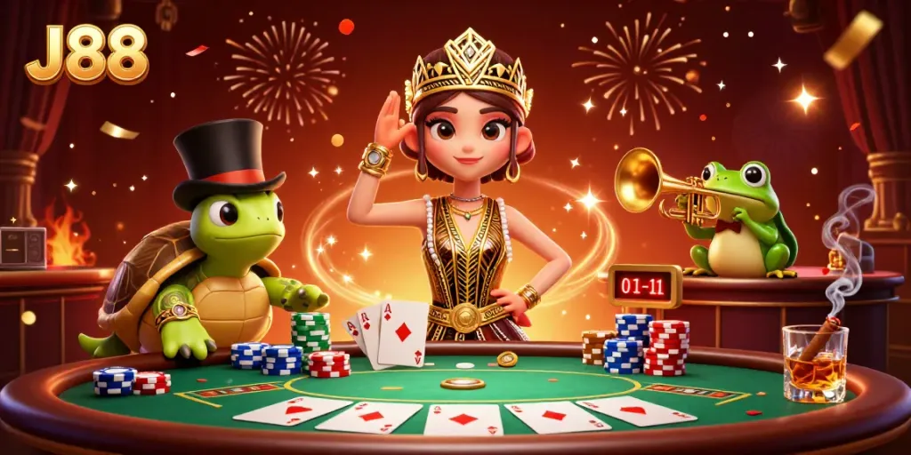 Experience the thrilling energy of J88 with a vibrant casino scene featuring poker characters and festive decorations.