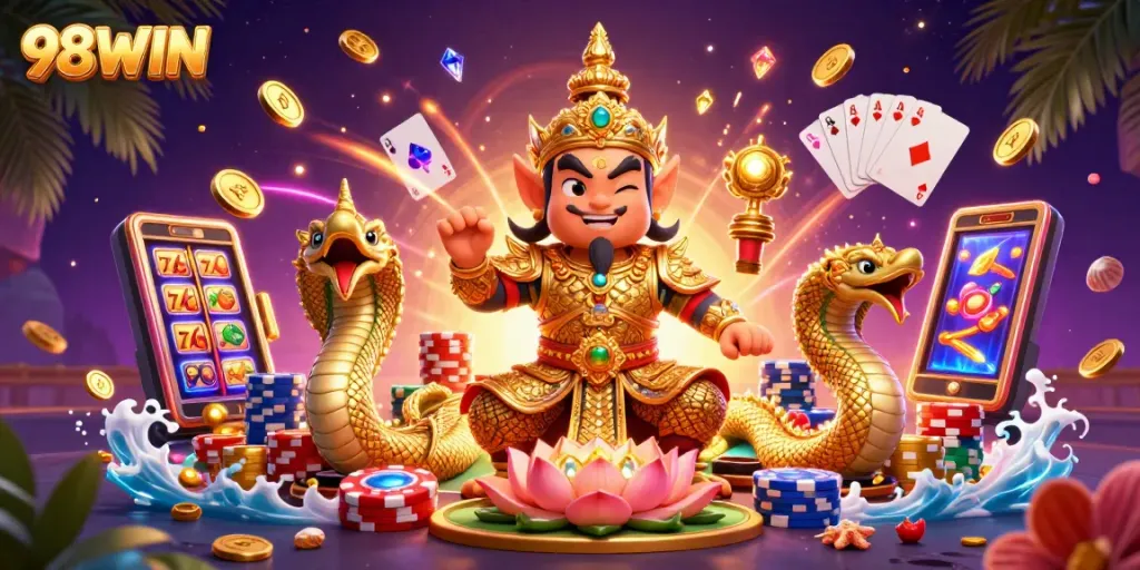 Join the thrilling 98WIN experience with vibrant casino elements in this captivating illustration.
