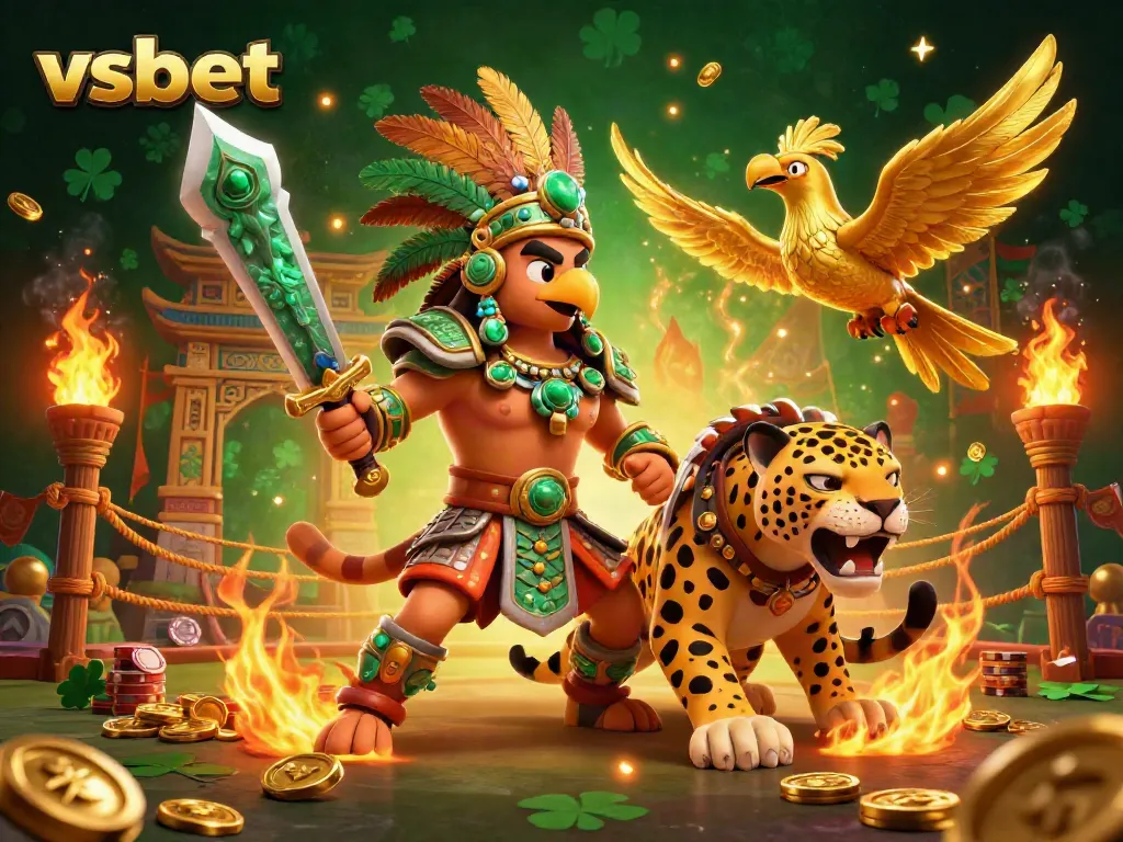 Experience the excitement of vsbet with an illustrated Aztec warrior scene highlighting dynamic gambling elements.