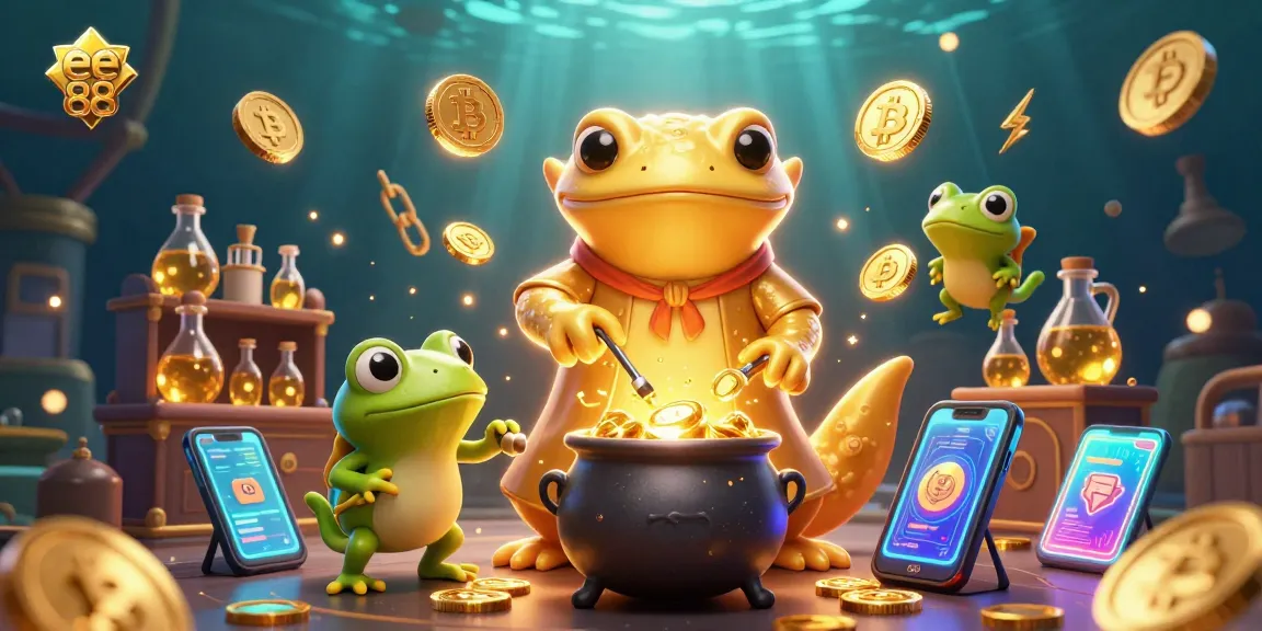 Spin the reels with ee 88 and enjoy vibrant gaming amidst golden coins and crypto elements.