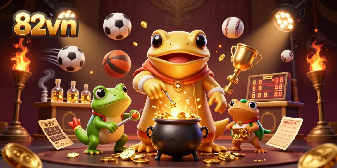 Experience the excitement of 82vn as gold coins spill from an alchemist's cauldron in a dynamic gambling scene.