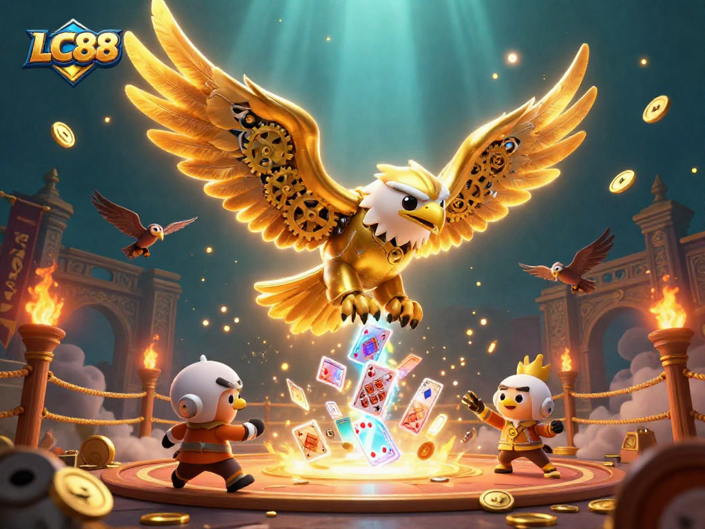 LC88 showcases a thrilling gaming adventure with a golden eagle soaring through holographic cards and coins.