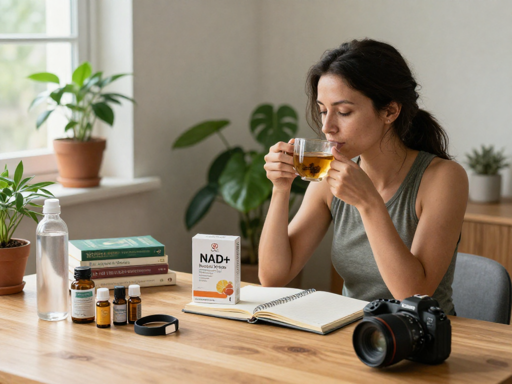 NAD+ benefits highlighted in a serene wellness scene with Restore Blend Peptide Buccal Strips.
