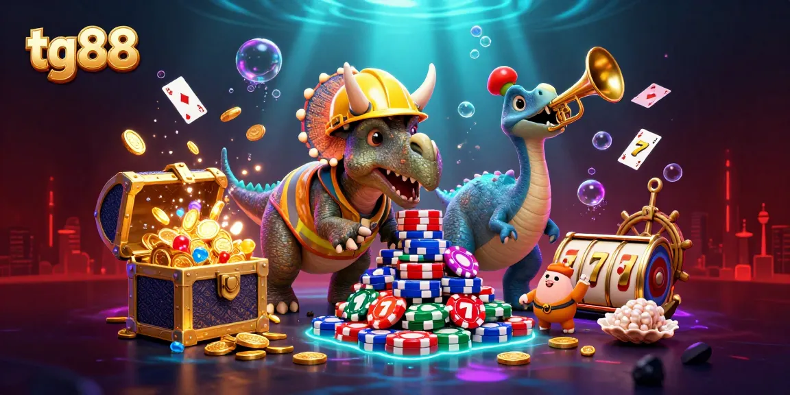 Join the excitement at tg88 with a colorful casino scene featuring a triceratops crafting poker chips!