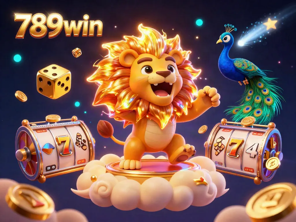 Experience the excitement of 789win with vivid game elements and a majestic sun lion in action.