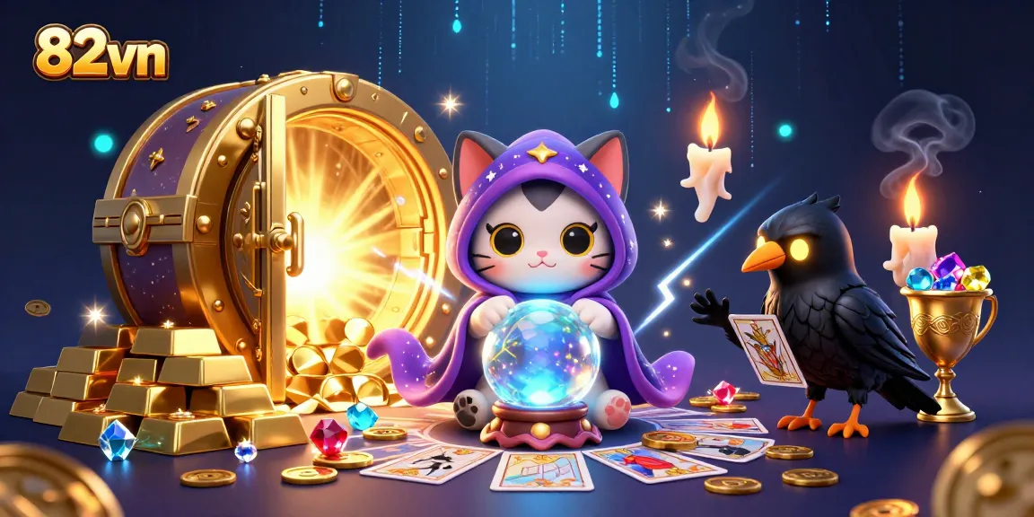 Engage in thrilling gameplay with 82vn's mystical characters and dazzling winnings in a vibrant casino scene.