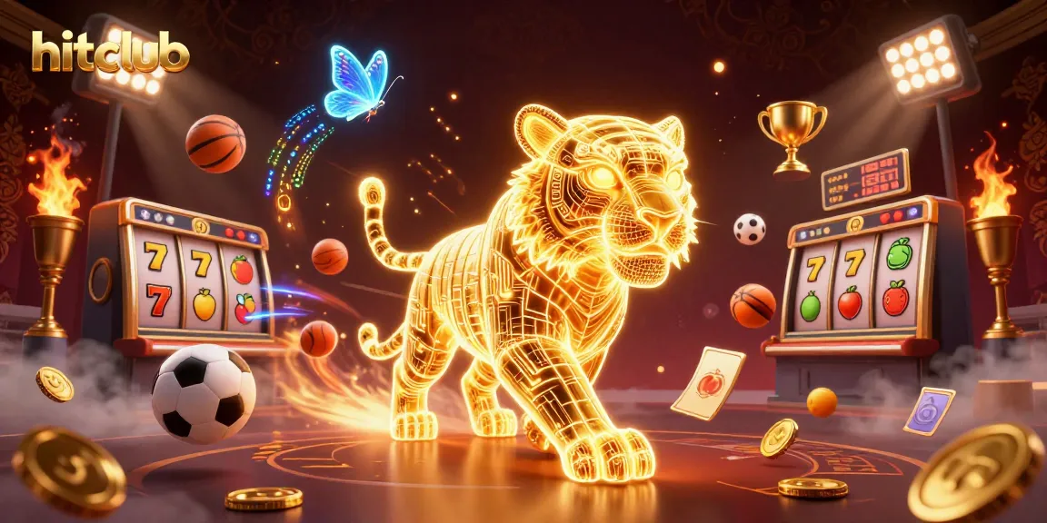 hitclub showcases vibrant casino action with a golden tiger amid dazzling slot elements and sports games