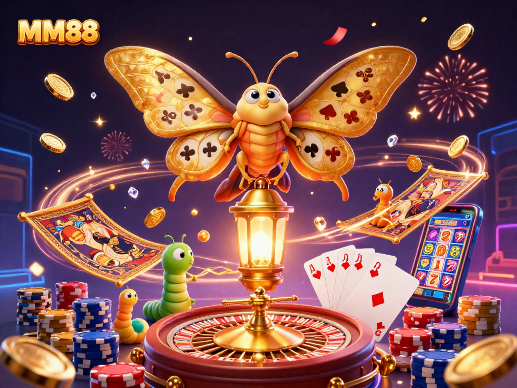 A dazzling MM88-themed illustration featuring a lavish casino scene with golden coins and vibrant poker chips.