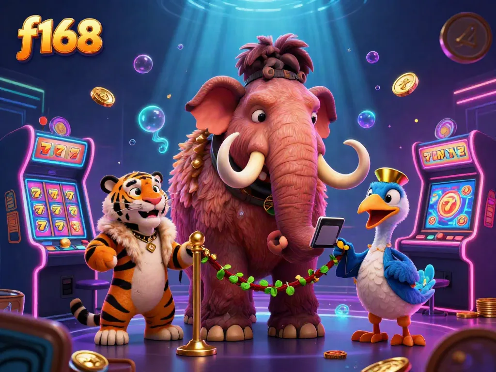 Experience thrilling fun at f168 with a vibrant cartoon casino scene featuring unique characters and exciting gaming elements.