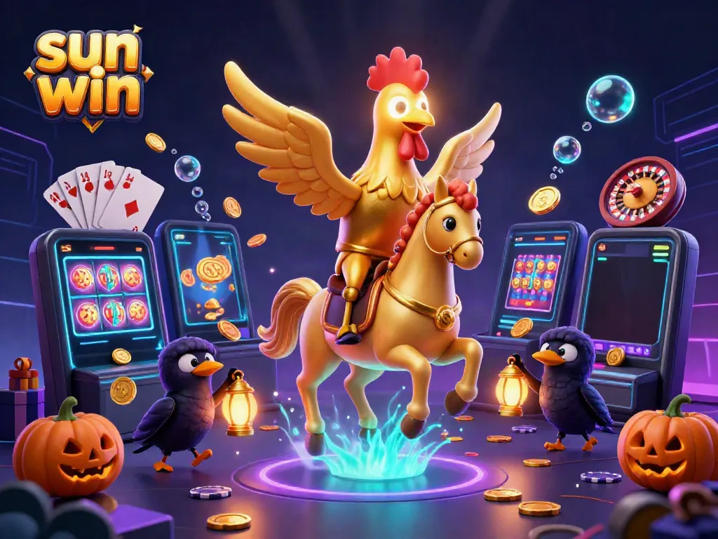 Experience excitement with sun win at this colorful casino scene featuring a golden rooster and vibrant gaming elements.