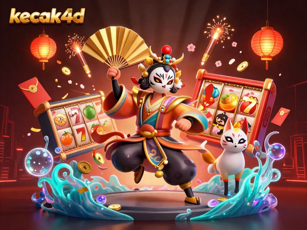 Experience excitement at kecak4d with vibrant slot reels and lively characters in a captivating digital scene.