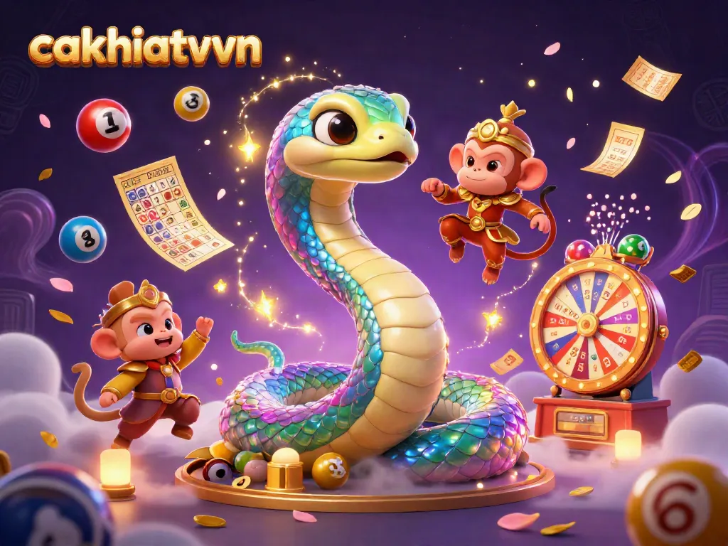 Cakhiatvvn showcases a vibrant 3D scene depicting a colorful lottery environment with dynamic elements.