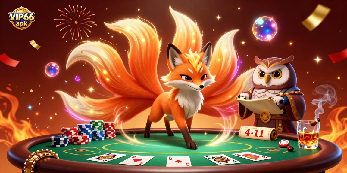 Engage with VIP66 apk in a vibrant casino atmosphere featuring a nine-tailed fox and poker elements.