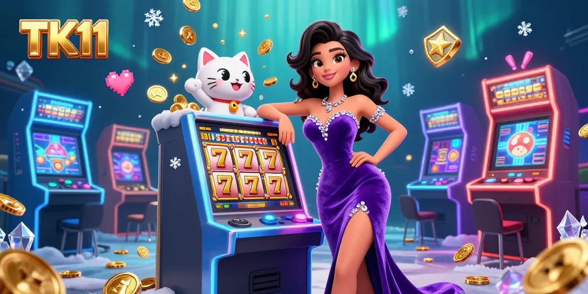 Engage with TK11's exciting online gaming world, featuring a glamorous woman and jackpot slot machine.