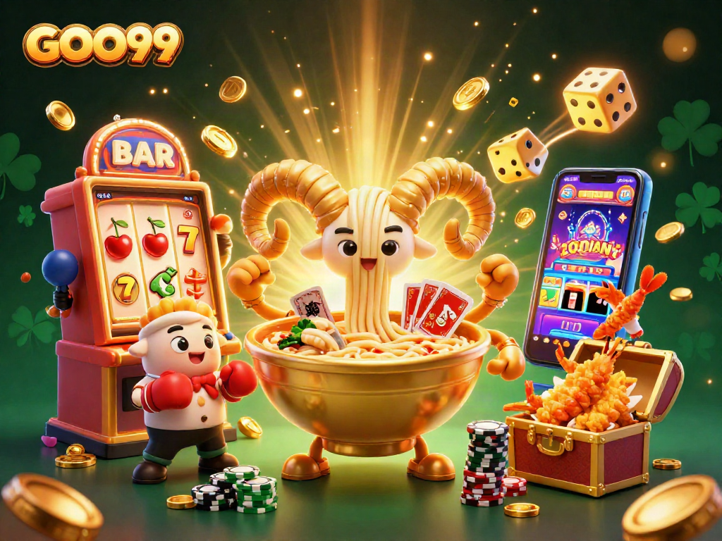 Experience GOO99 action with a vibrant 3D casino scene featuring colorful slot machines and playful characters.