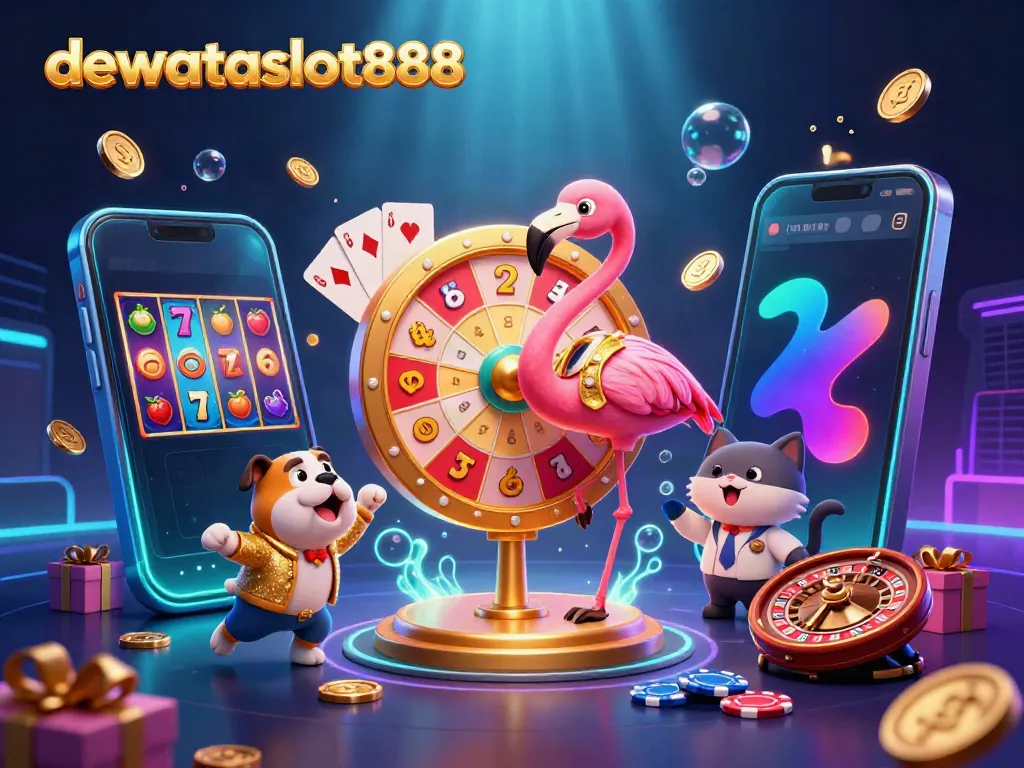 Dewataslot888 menawarkan kreativitas tinggi dengan host flamingo, bulldog dan kucing dalam ilustrasi kasino imersif.