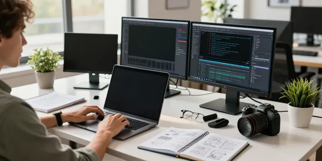 Generative AI for content creation in a modern studio setting with a creative professional at work.