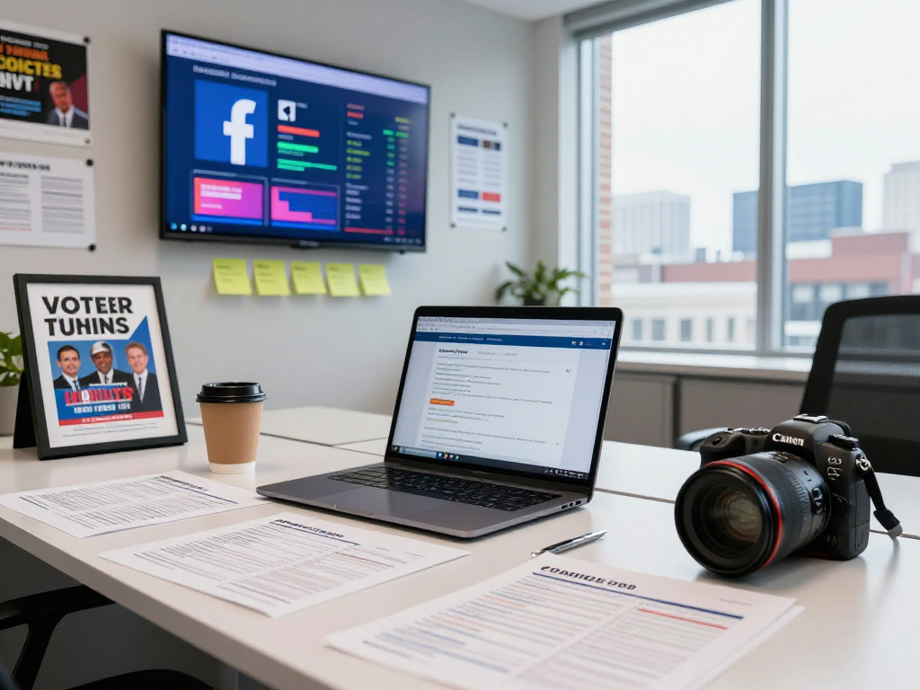 How to run political ads on Facebook involves campaign strategy review at a modern office desk with voter data files and digital display.