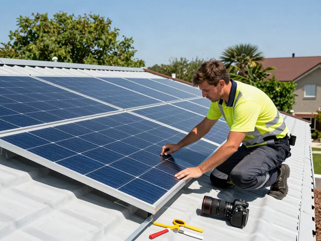 Teknisi memasang panel surya IstanaWin 5kW di atap rumah dengan peralatan lengkap.