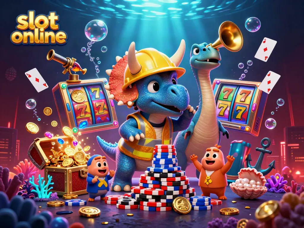 Engage in online slot gaming excitement with a colorful scene of animated characters celebrating around giant slot reels.