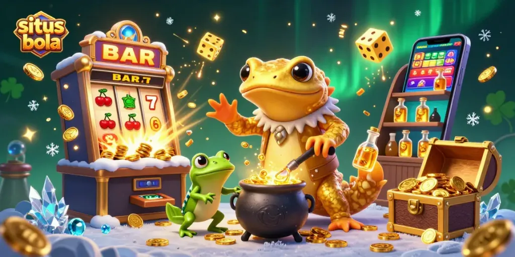 Situs bola showcases the golden alchemist creating wealth in a vibrant 3D casino scene.