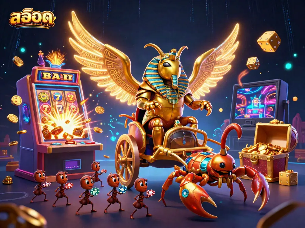 Spin the reels of สล็อตออนไลน์ with a vibrant 3D illustration featuring a golden scarab and jackpot excitement.