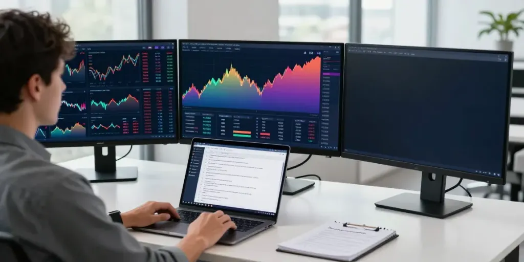 Trader using TradingView charts in a modern office environment with multiple monitors.